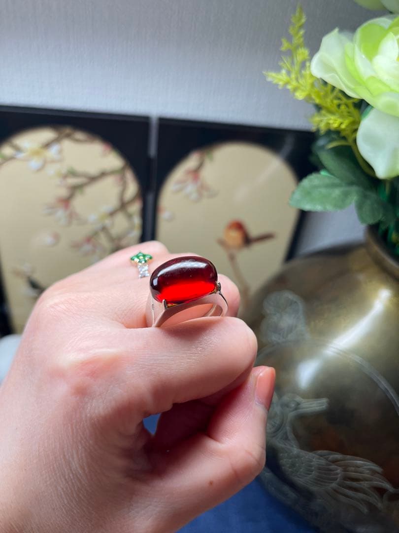 本物保証‼️天然無処理高浄度レッドアンバー 血珀 大粒リング　鑑定書付き
