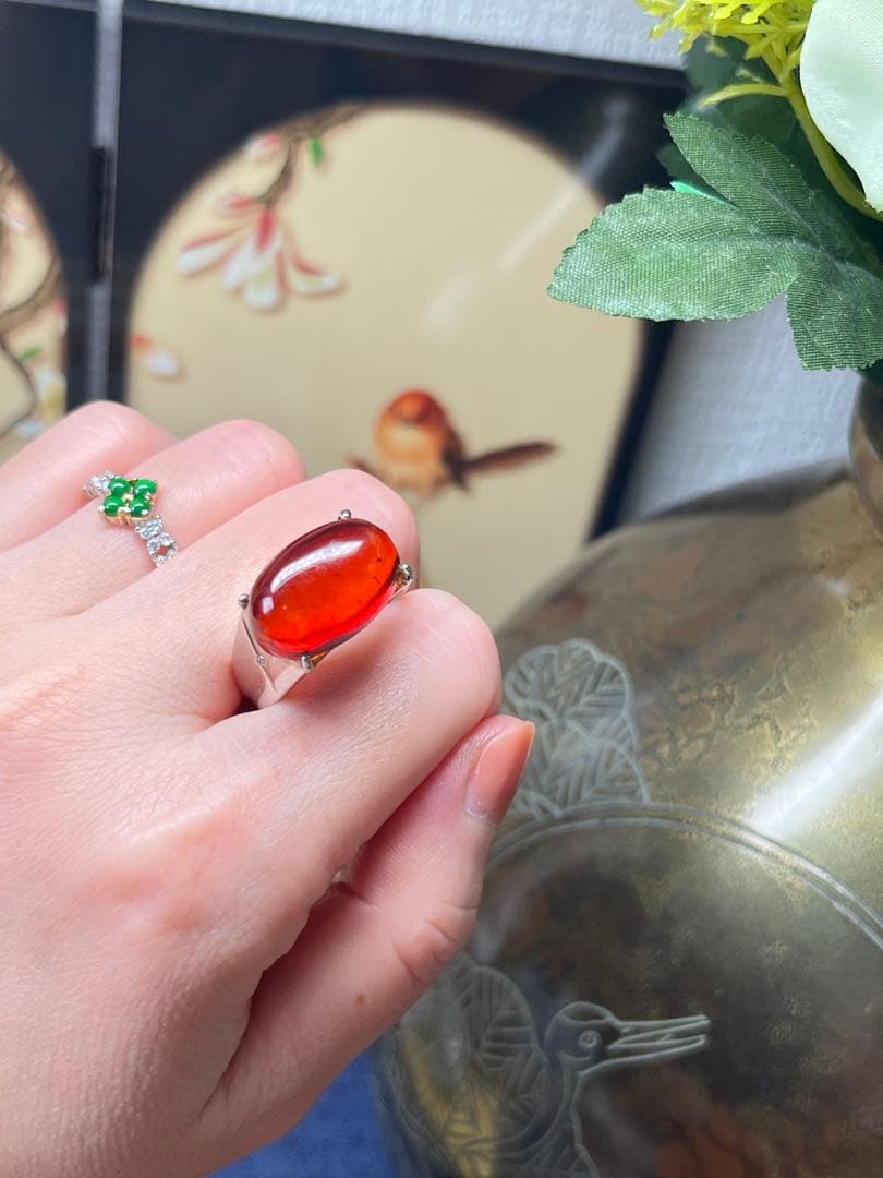 本物保証‼️天然無処理高浄度レッドアンバー 血珀 大粒リング　鑑定書付き