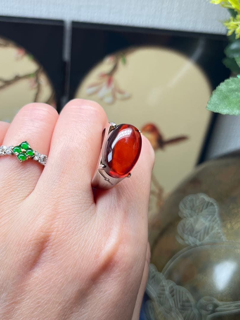 本物保証‼️天然無処理高浄度レッドアンバー 血珀 大粒リング　鑑定書付き