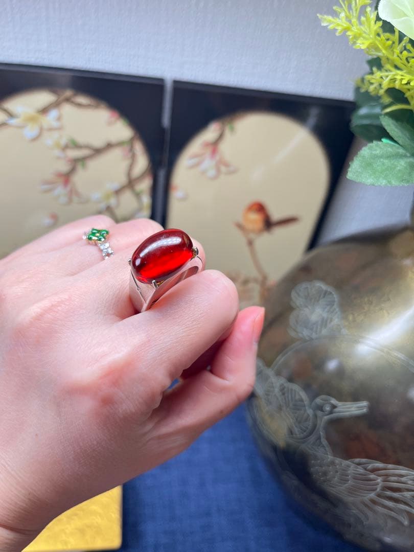 本物保証‼️天然無処理高浄度レッドアンバー 血珀 大粒リング　鑑定書付き