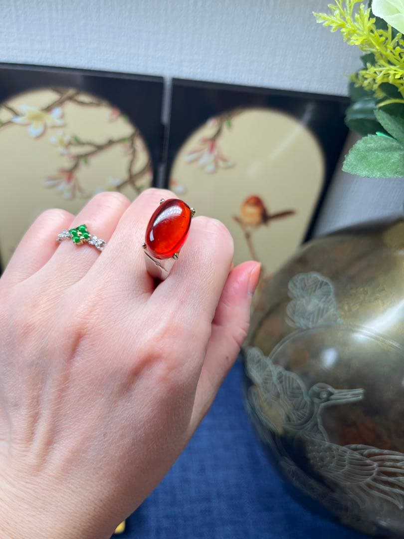 本物保証‼️天然無処理高浄度レッドアンバー 血珀 大粒リング　鑑定書付き