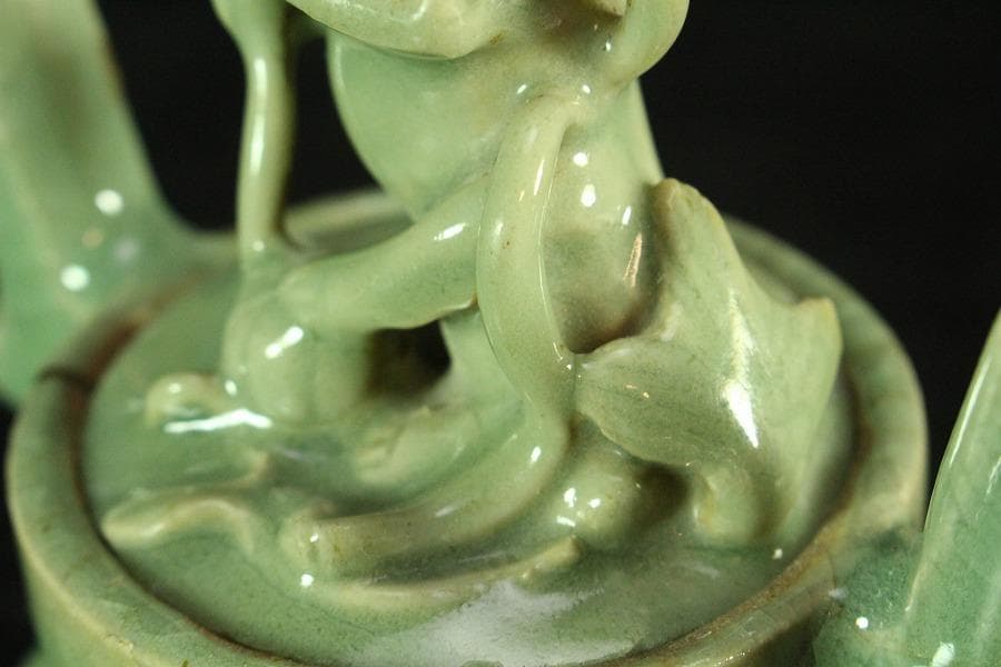 中国美術 青磁 双耳 獅子蓋 香炉 古渡(K-YC684)