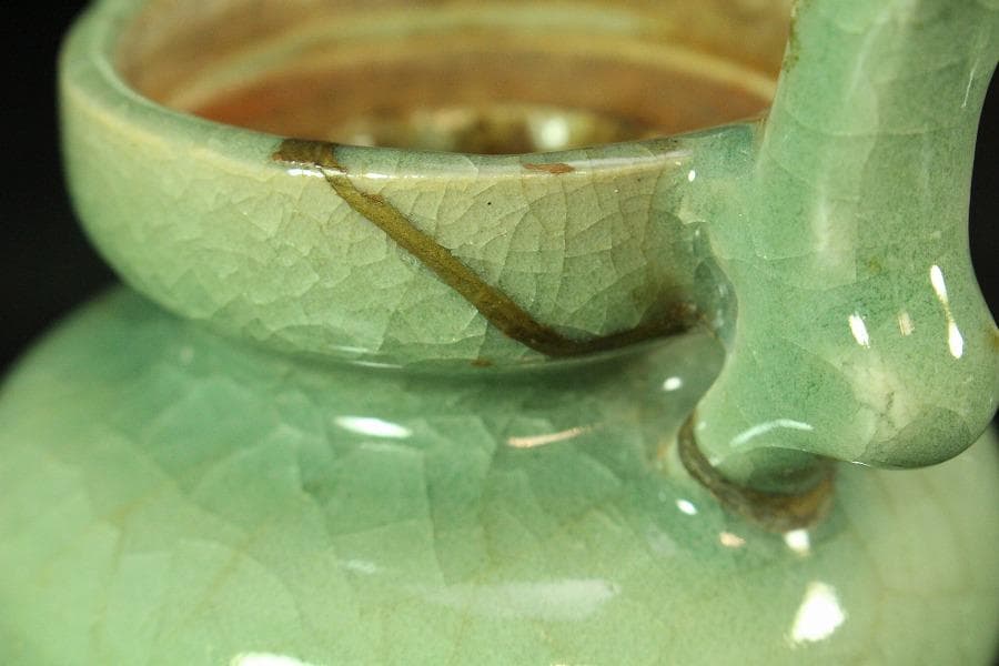 中国美術 青磁 双耳 獅子蓋 香炉 古渡(K-YC684)