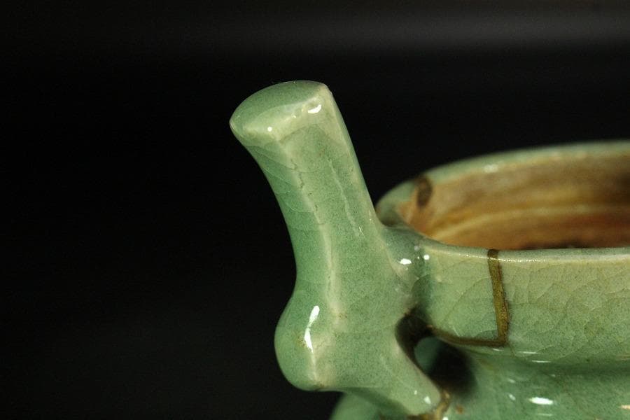 中国美術 青磁 双耳 獅子蓋 香炉 古渡(K-YC684)