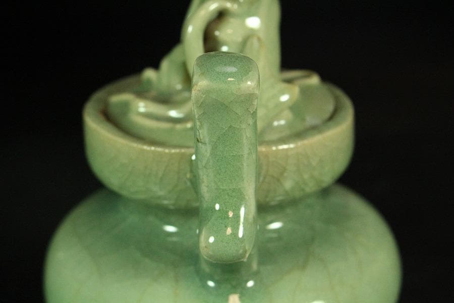 中国美術 青磁 双耳 獅子蓋 香炉 古渡(K-YC684)