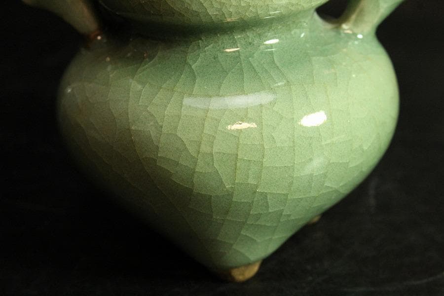 中国美術 青磁 双耳 獅子蓋 香炉 古渡(K-YC684)