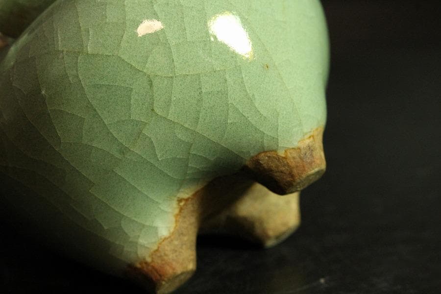 中国美術 青磁 双耳 獅子蓋 香炉 古渡(K-YC684)