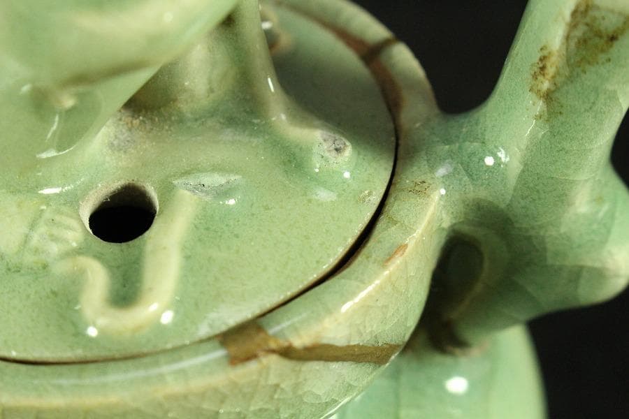 中国美術 青磁 双耳 獅子蓋 香炉 古渡(K-YC684)