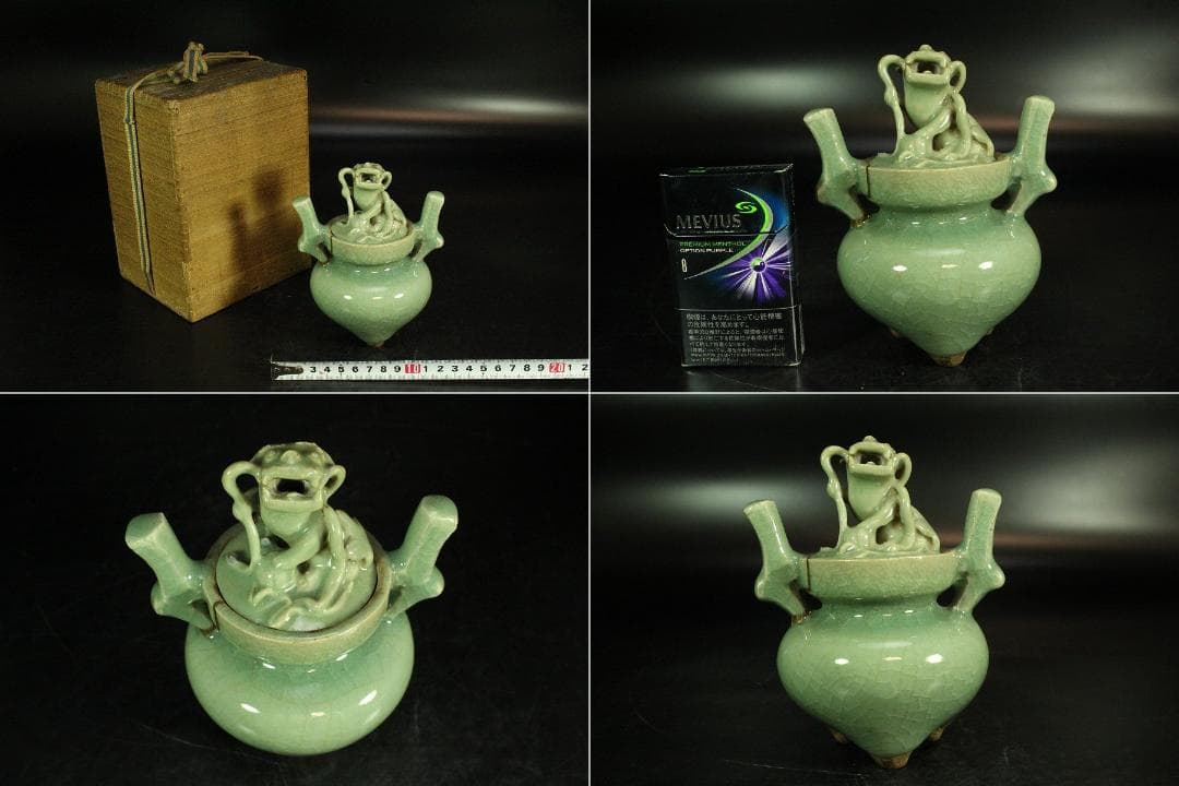 中国美術 青磁 双耳 獅子蓋 香炉 古渡(K-YC684)