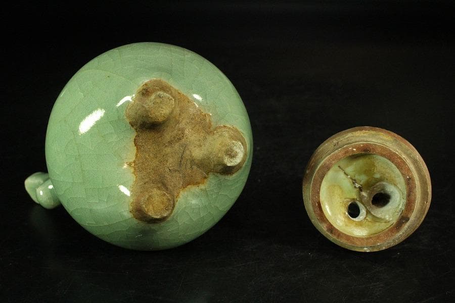 中国美術 青磁 双耳 獅子蓋 香炉 古渡(K-YC684)