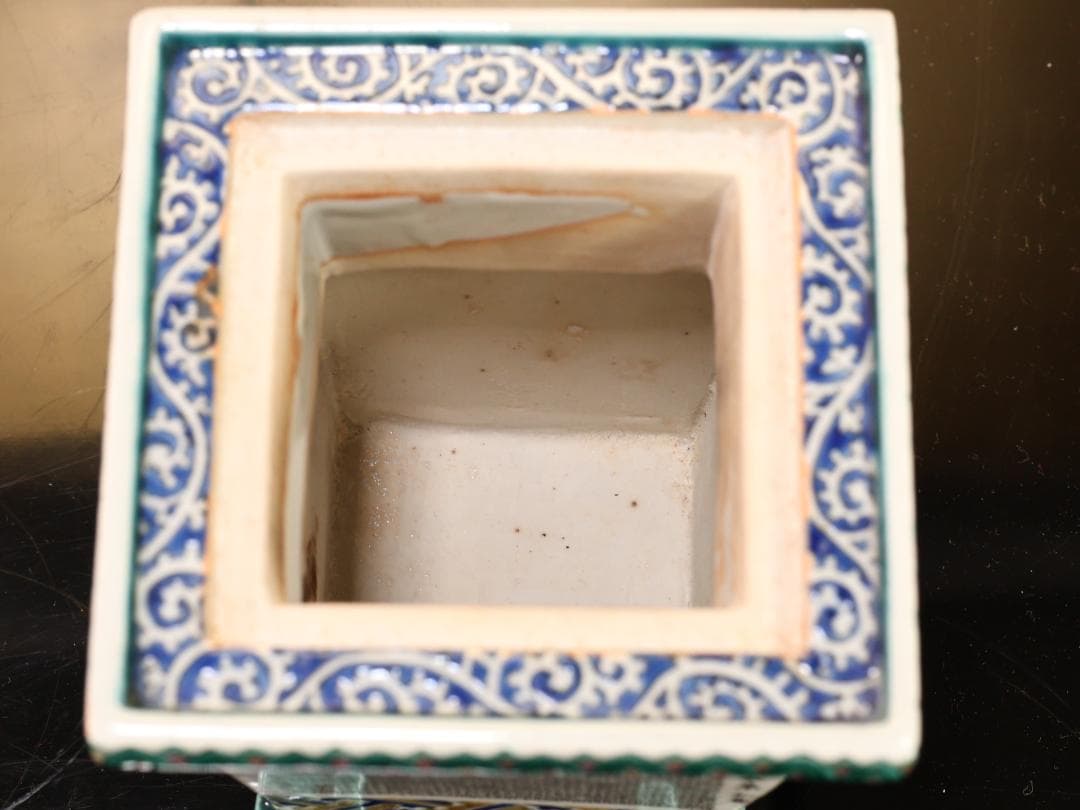 BK522　九谷焼　獅子摘み細字小紋　香炉　住田金陽書 毛筆細字　西田翠松 共箱