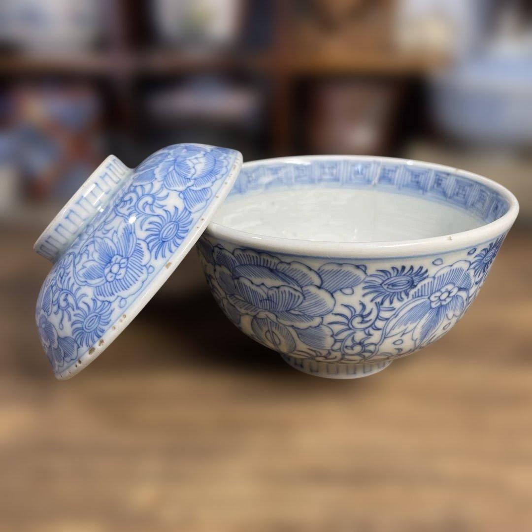 江戸後期 蓋つき椀 お椀 食器 茶碗 和食器 染付 手描き 骨董