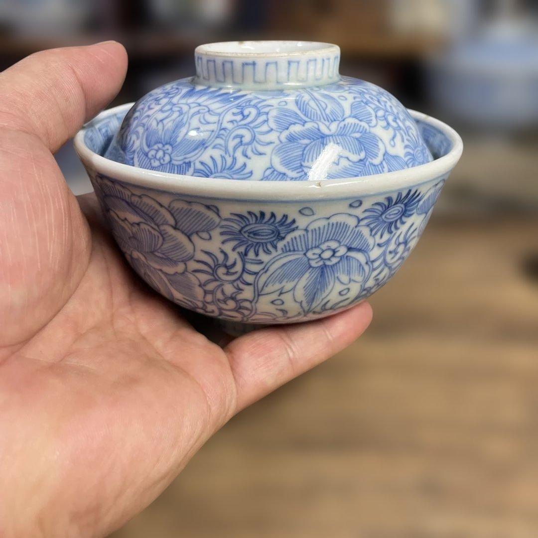 江戸後期 蓋つき椀 お椀 食器 茶碗 和食器 染付 手描き 骨董