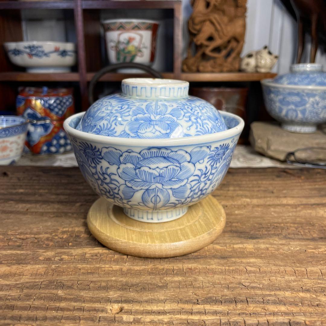 江戸後期 蓋つき椀 お椀 食器 茶碗 和食器 染付 手描き 骨董
