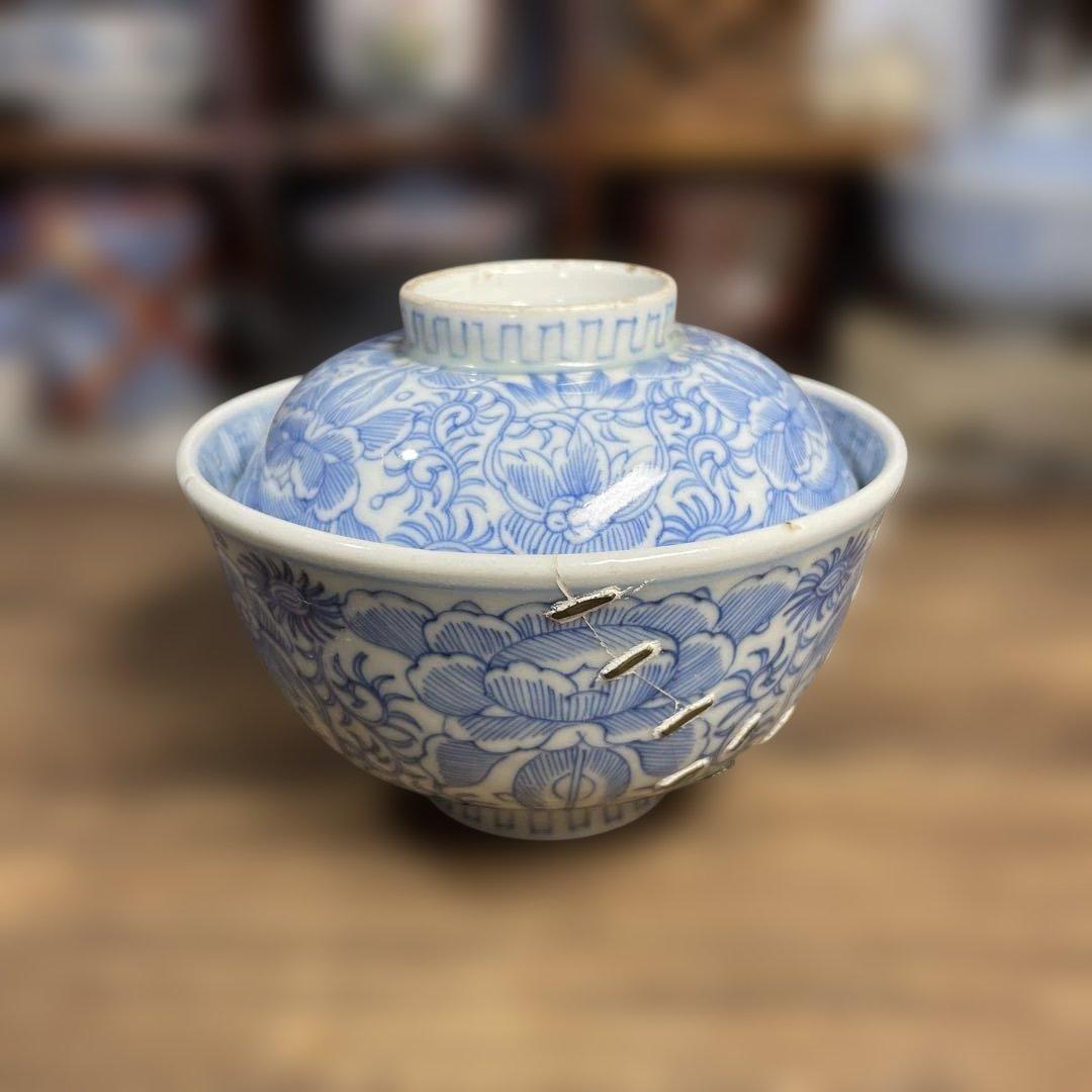 江戸後期 蓋つき椀 お椀 食器 茶碗 和食器 染付 手描き 骨董