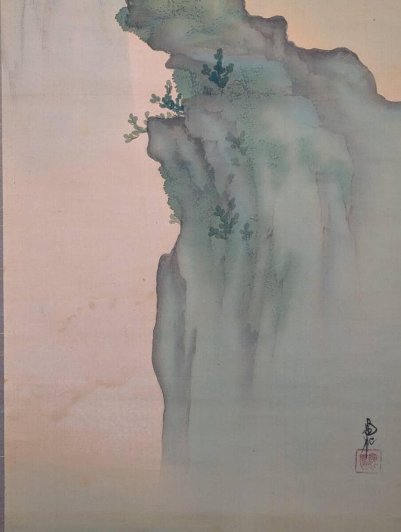 【真作】掛軸　尾竹国観　山水朝景図　奇峰に鶴　二重箱入（合箱入）　R98