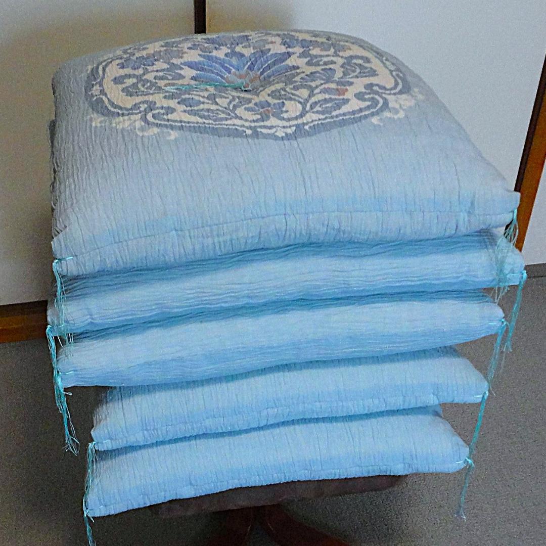 高級誂え婚礼座布団　5枚セット 　春夏用 水色 花柄