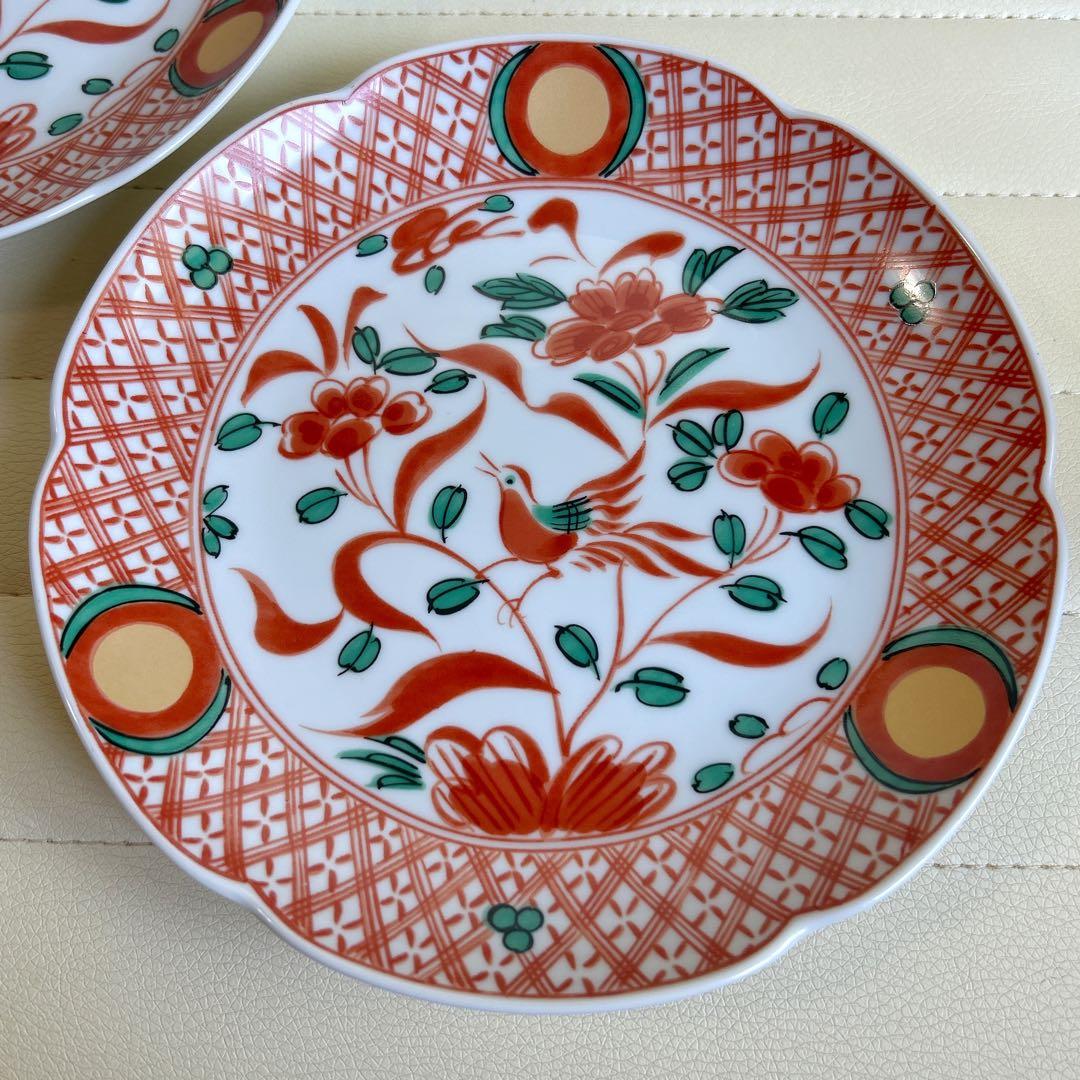 たち吉　赤絵花鳥　金彩丸紋　中皿　2枚セット　和皿　古伊万里　色絵　和食器　輪花