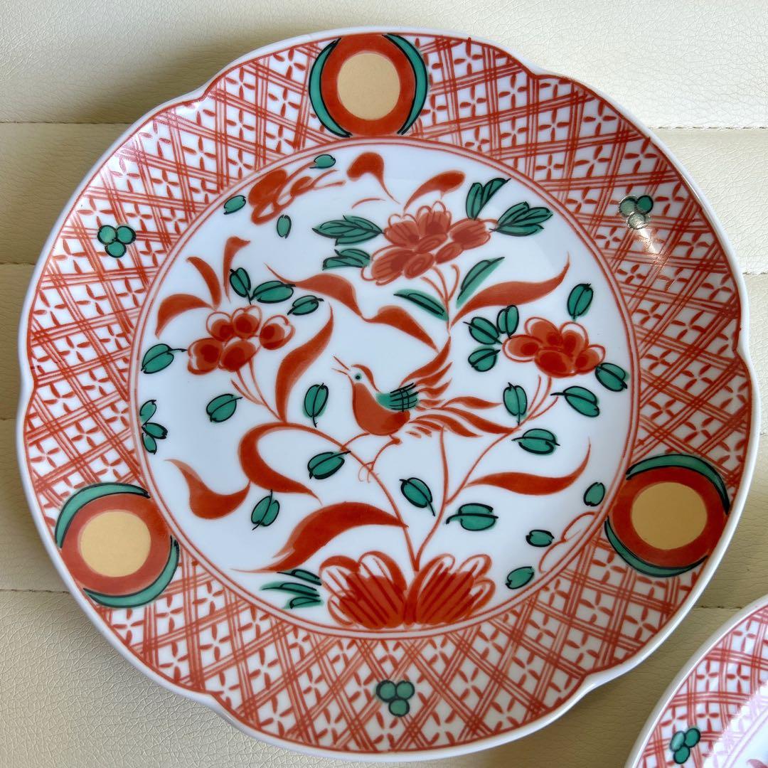 たち吉　赤絵花鳥　金彩丸紋　中皿　2枚セット　和皿　古伊万里　色絵　和食器　輪花