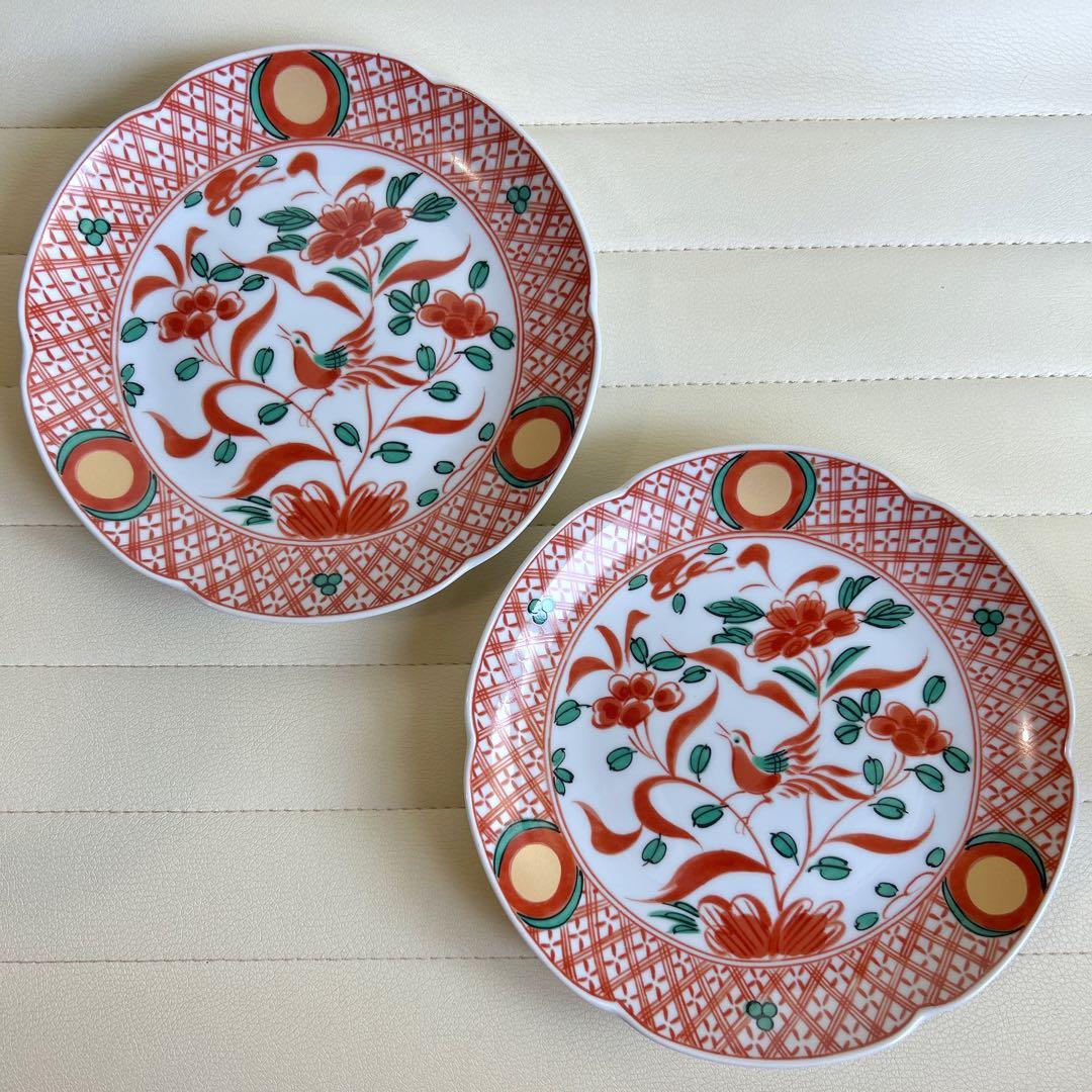たち吉　赤絵花鳥　金彩丸紋　中皿　2枚セット　和皿　古伊万里　色絵　和食器　輪花
