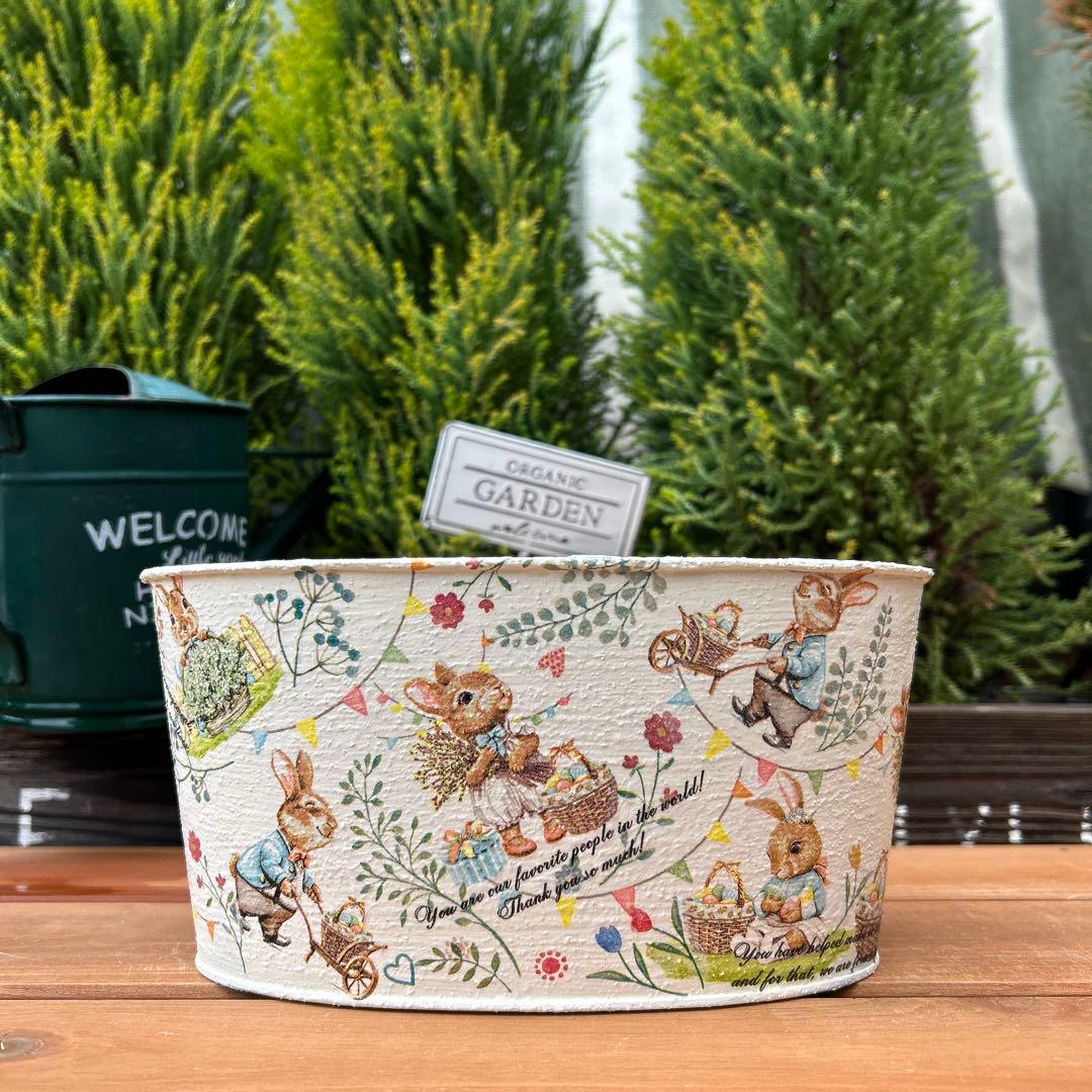 ミラちゃんさまご購入品　オーバルプランター Ｍサイズ　 水色リボンのうさぎさん