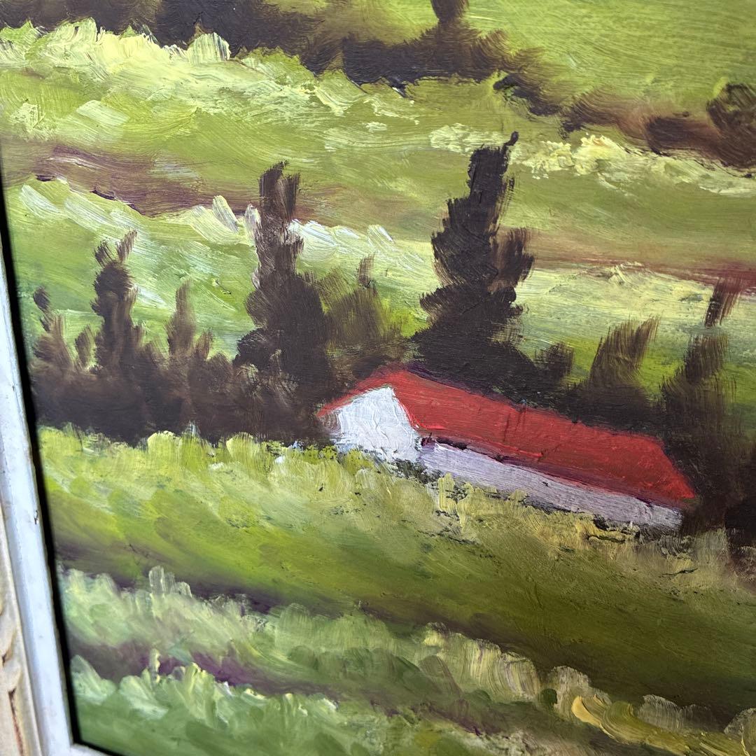 油彩画 山の風景 赤い屋根の小屋