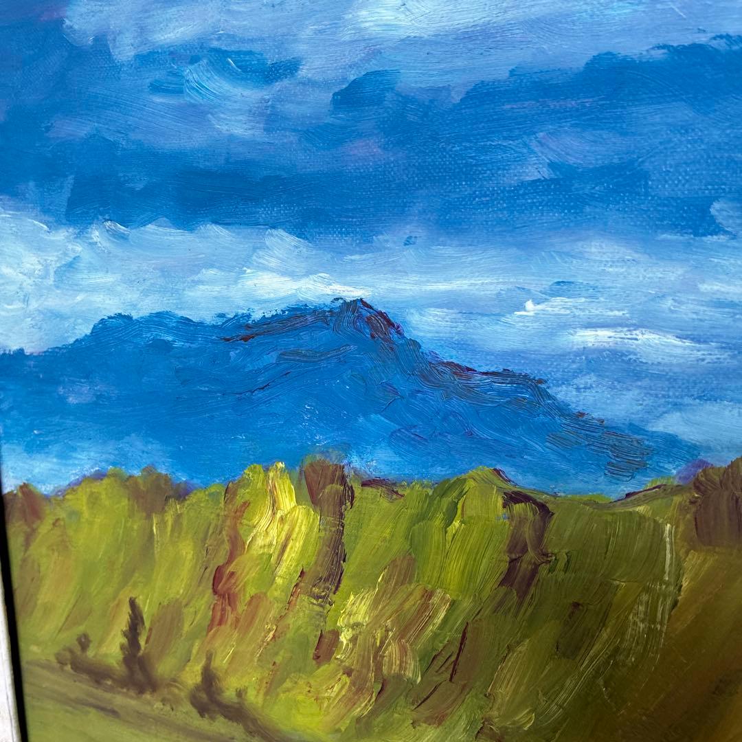 油彩画 山の風景 赤い屋根の小屋