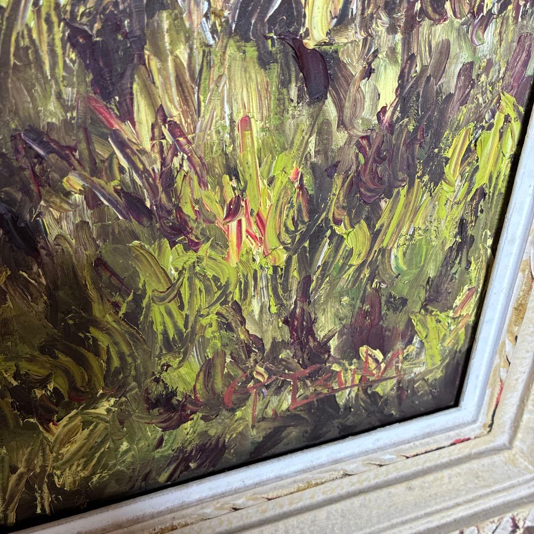 油彩画 山の風景 赤い屋根の小屋