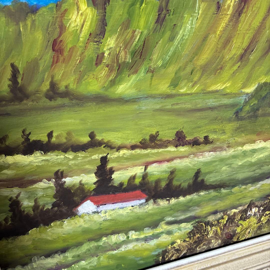 油彩画 山の風景 赤い屋根の小屋
