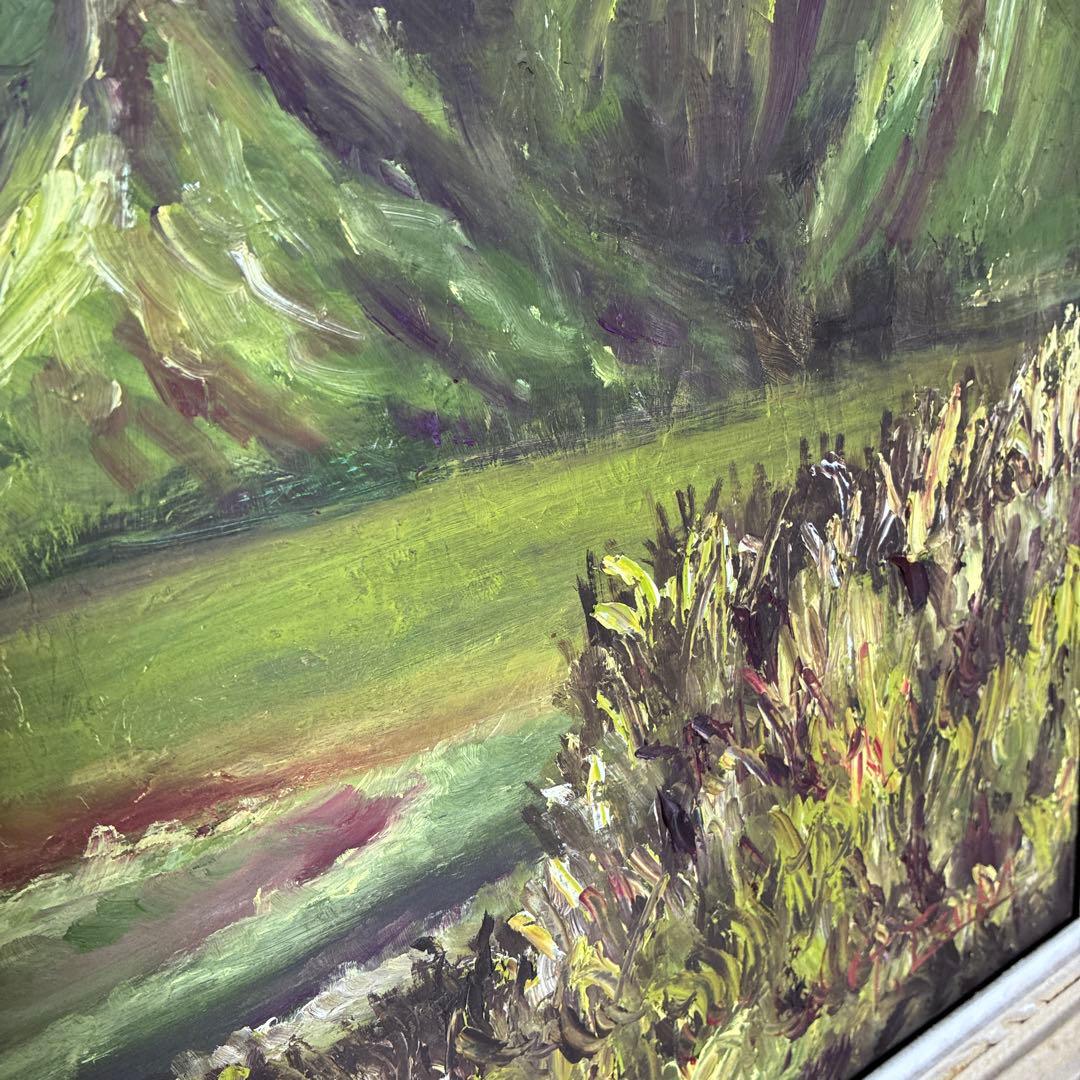 油彩画 山の風景 赤い屋根の小屋