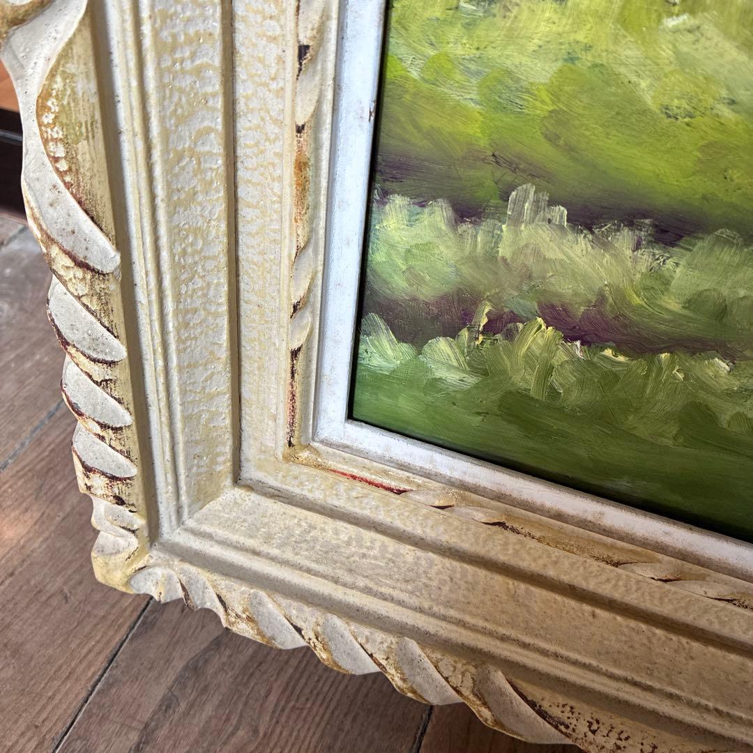 油彩画 山の風景 赤い屋根の小屋