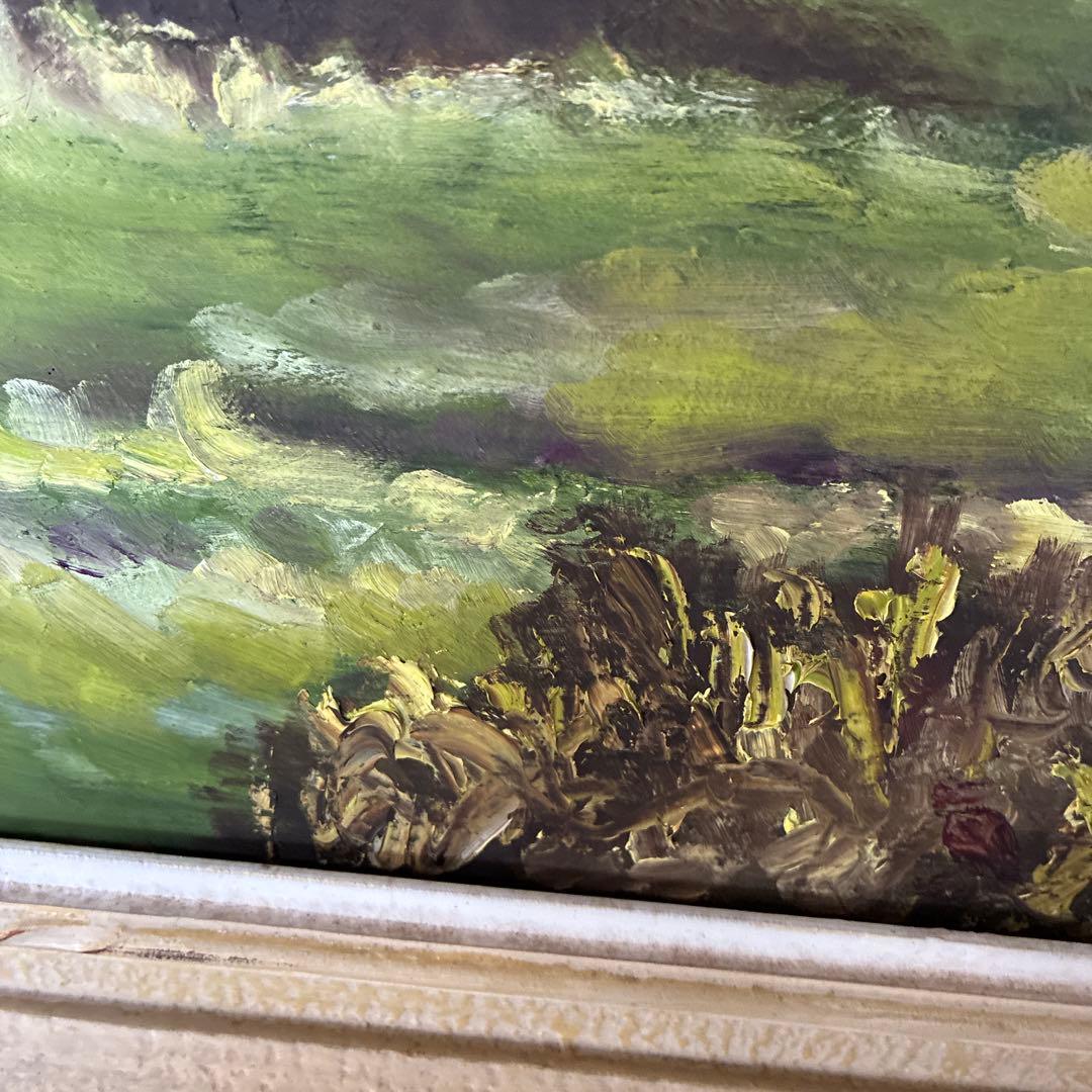 油彩画 山の風景 赤い屋根の小屋