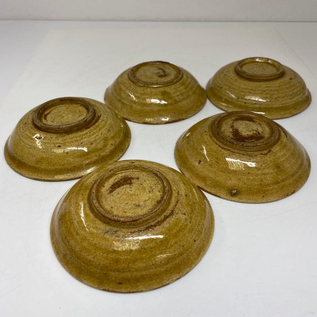 江戸時代　黄瀬戸小皿5枚　木箱付　直径11㎝　東Y7-0328☆2Fタニト