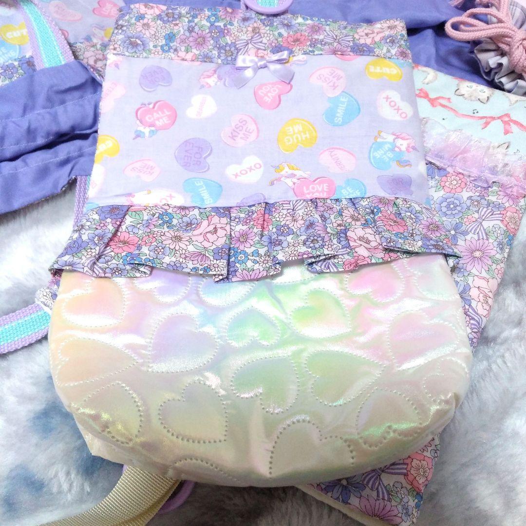 入園入学　紫ユニコーンキルティングレッスンバックお着替え袋上履きいれ2つ 給食袋