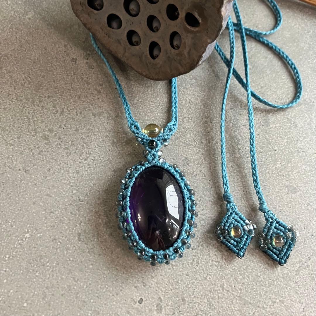 アメジストとシトリンのマクラメ編みネックレス　ペンダント