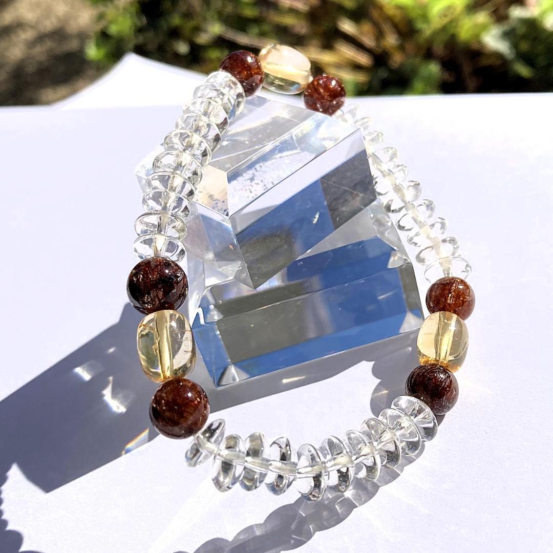 【赤の情熱と茶の物語】レッドルチル 茶水晶 天然石ブレスレット