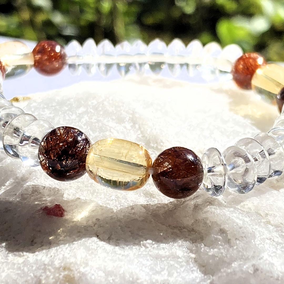 【赤の情熱と茶の物語】レッドルチル 茶水晶 天然石ブレスレット