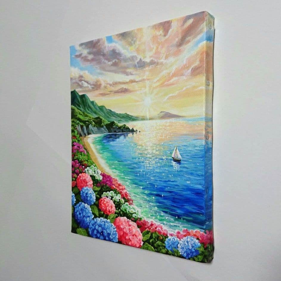 【海辺の紫陽花】アクリル画 F3 風景画 絵画