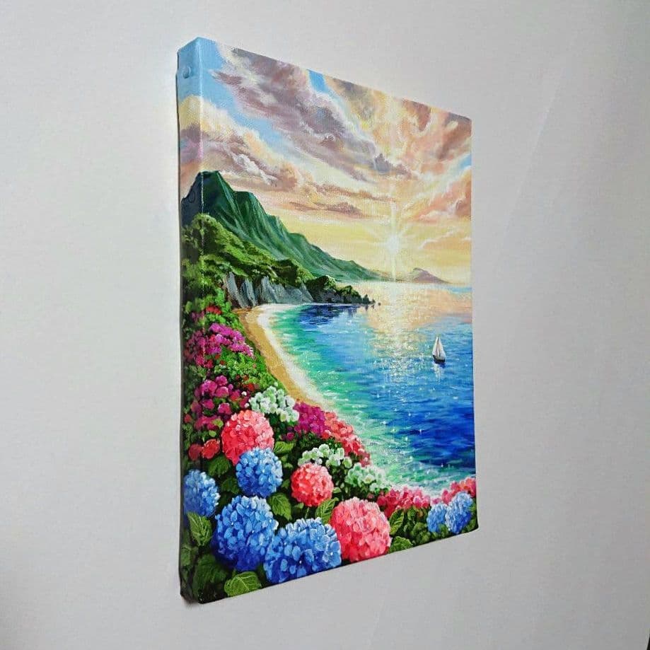 【海辺の紫陽花】アクリル画 F3 風景画 絵画