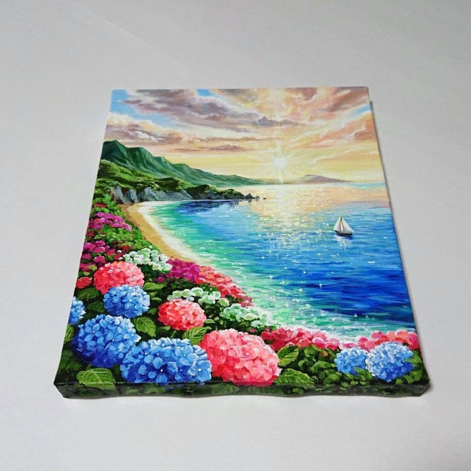 【海辺の紫陽花】アクリル画 F3 風景画 絵画