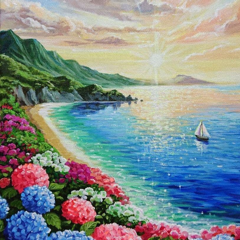 【海辺の紫陽花】アクリル画 F3 風景画 絵画
