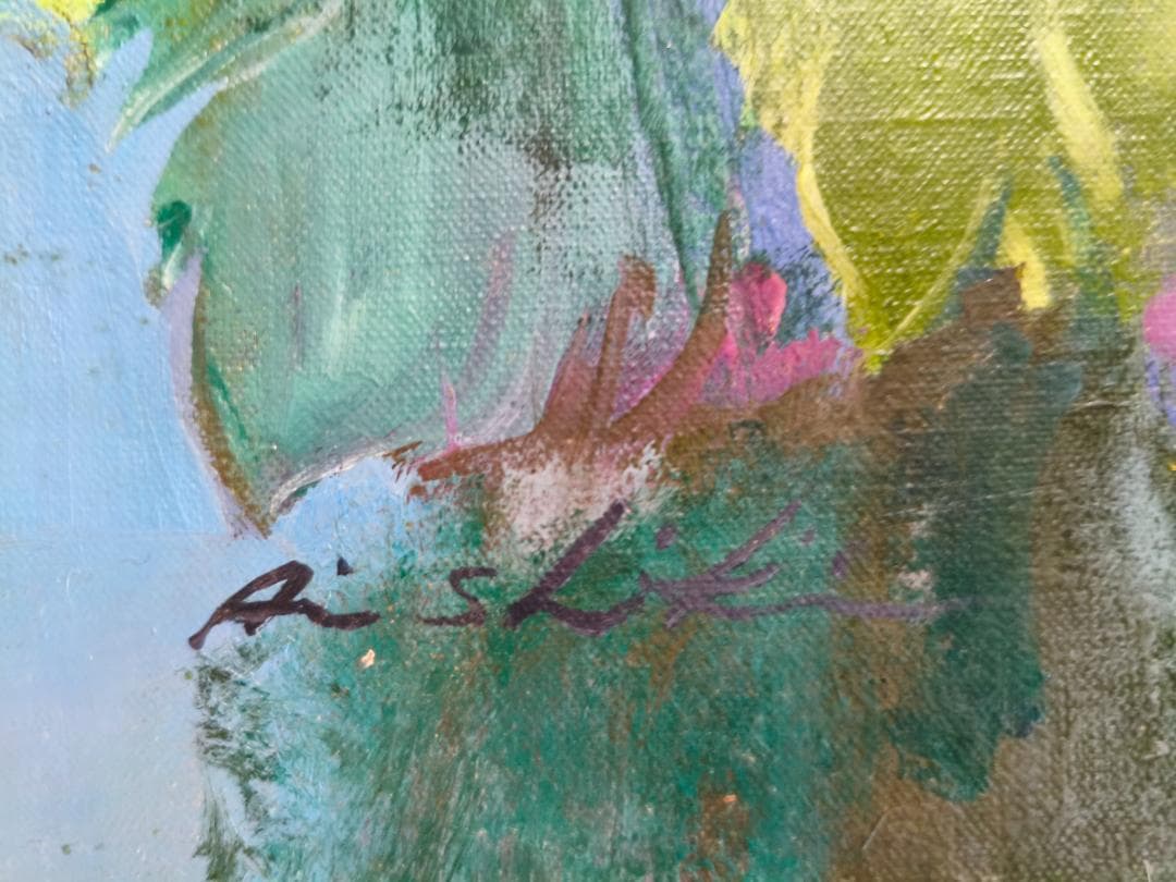 油絵 ライン川のほとり 風景画 額付き 約78×66 ヨーロッパ風景 城と葡萄