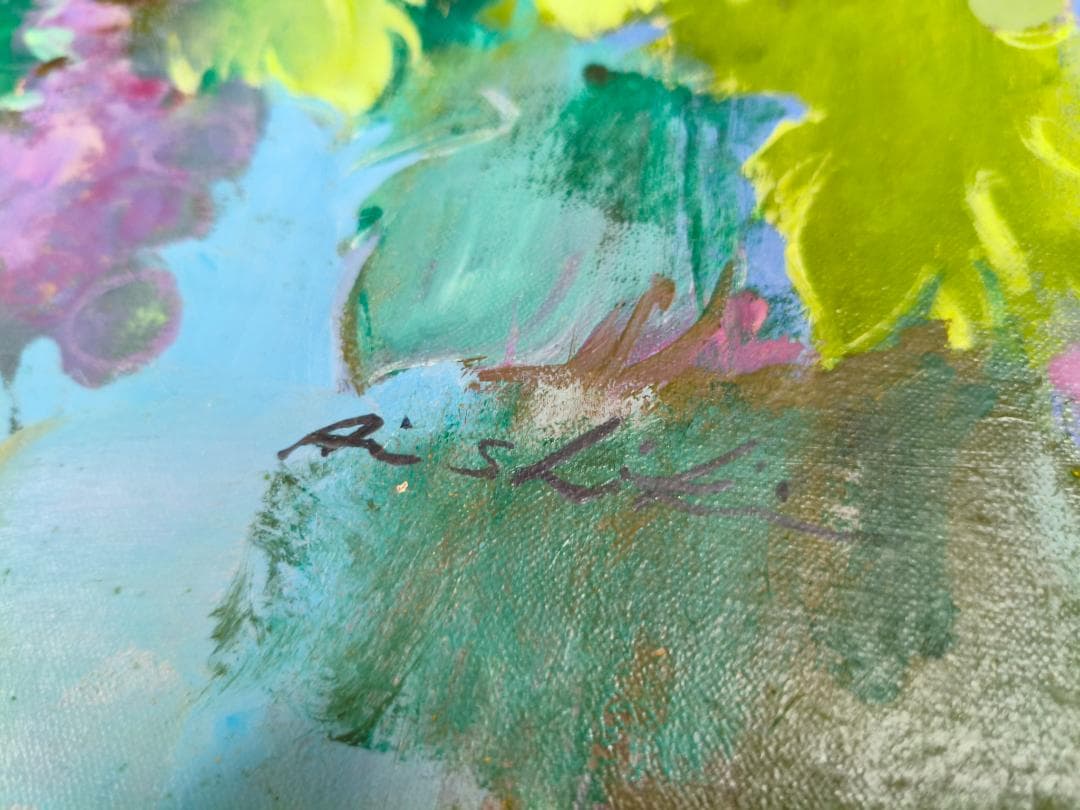 油絵 ライン川のほとり 風景画 額付き 約78×66 ヨーロッパ風景 城と葡萄