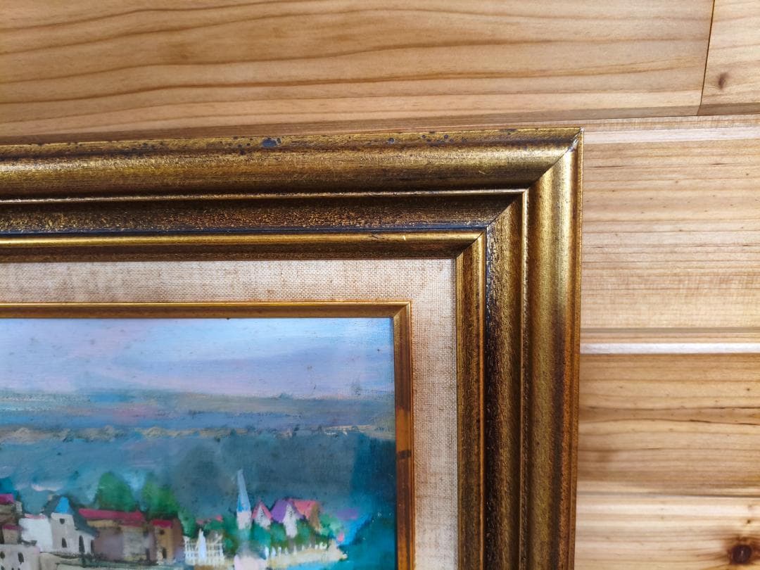 油絵 ライン川のほとり 風景画 額付き 約78×66 ヨーロッパ風景 城と葡萄