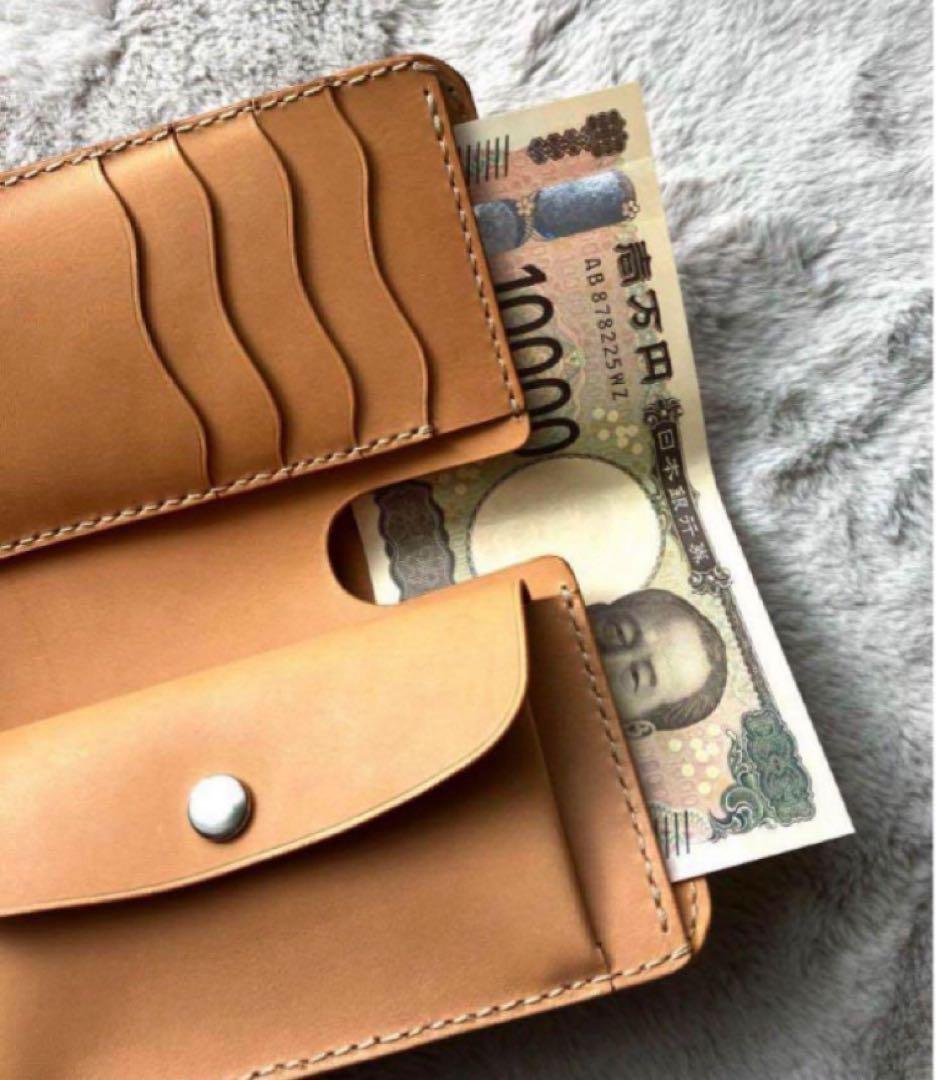 牛ヌメ革　本革　ミドルウォレット　二つ折り財布　レザークラフト　キャメル　24