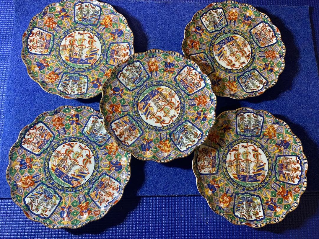 陶扇窯 錦絵 金彩色絵 菊皿 赤絵 銘々皿 5枚セット  木箱入り