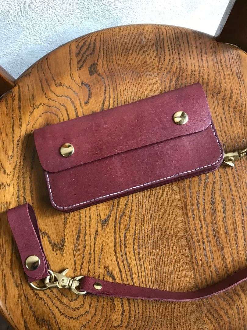 レザー　ハンドメイド　トラッカーウォレット　ワインレッド