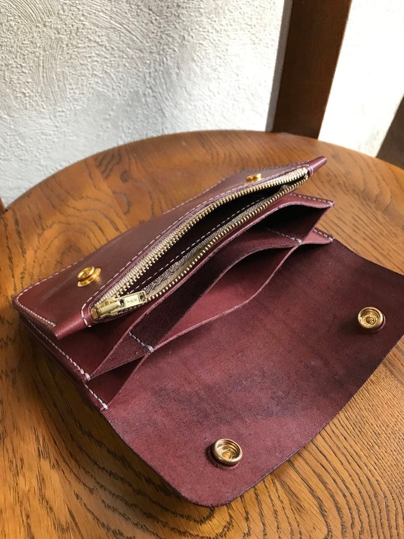 レザー　ハンドメイド　トラッカーウォレット　ワインレッド