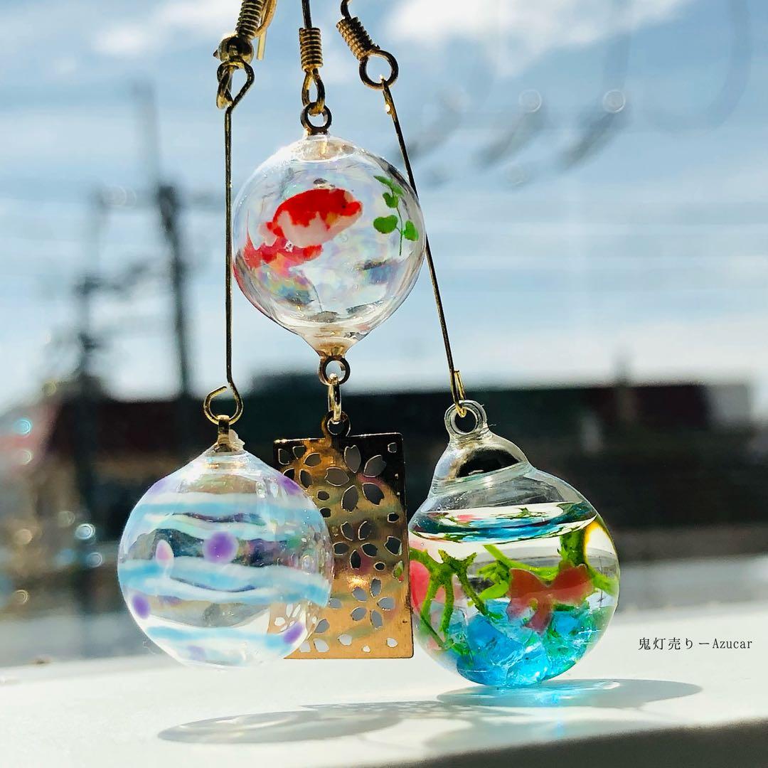 揺れる金魚鉢と蓄光風鈴とヨーヨーの和風ピアス　イヤリング(初夏コーデ3点セット)