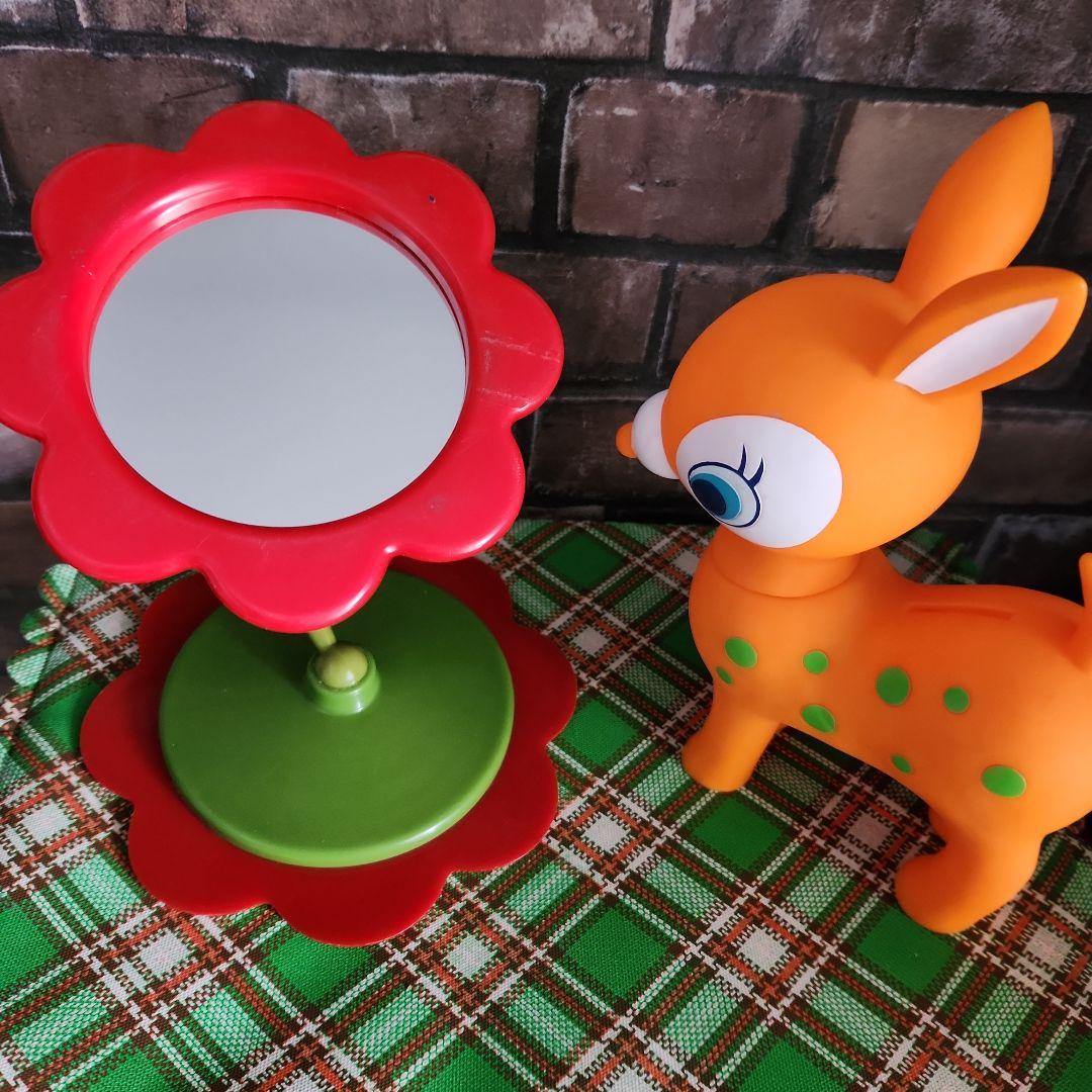 ☘️昭和レトロポップ☘️オレンジ色の子鹿貯金箱&フラワーミラー